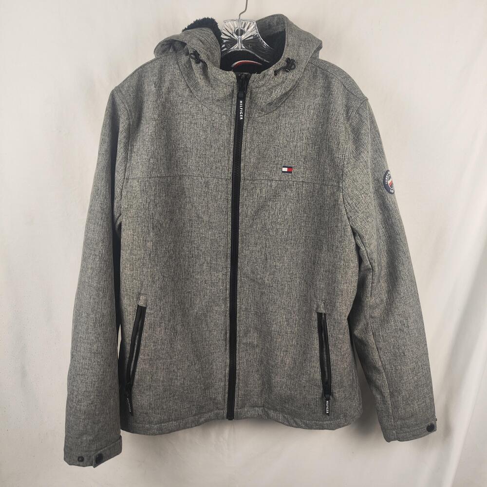 Tommy Hilfiger Jacket Mens Medium Gray Hooded Softshell Full Zip Sherpa Lined